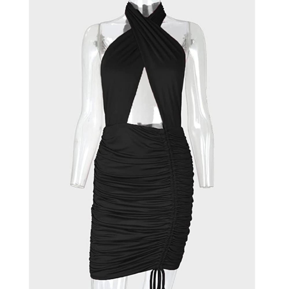 New Ruched, Neck Tie, Backless, Stretchy Body Con Dress Size Medium